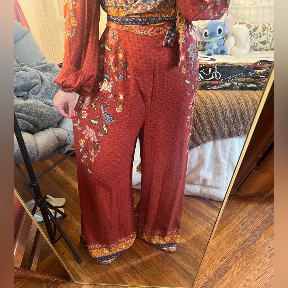 Anthropologie Burgundy Floral Wide-Leg Jumpsuit
